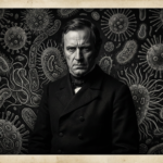 Black and white portrait of Ignaz Semmelweis, the 19th-century Hungarian physician who discovered that handwashing prevents the spread of infection, set against a background of illustrated microbes and bacteria.