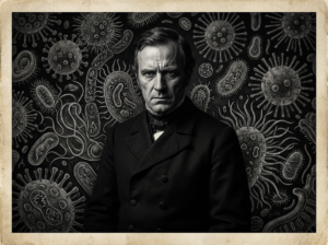 Black and white portrait of Ignaz Semmelweis, the 19th-century Hungarian physician who discovered that handwashing prevents the spread of infection, set against a background of illustrated microbes and bacteria.