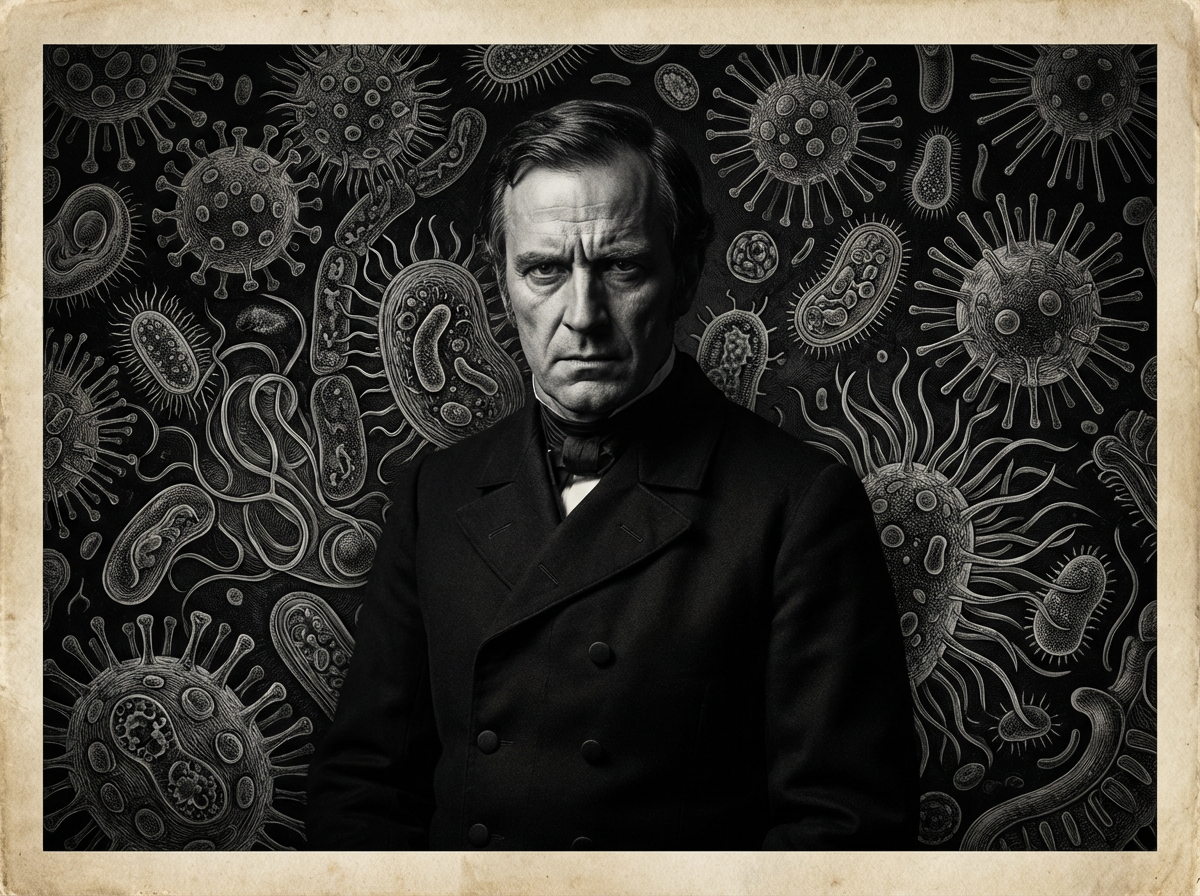 Black and white portrait of Ignaz Semmelweis, the 19th-century Hungarian physician who discovered that handwashing prevents the spread of infection, set against a background of illustrated microbes and bacteria.