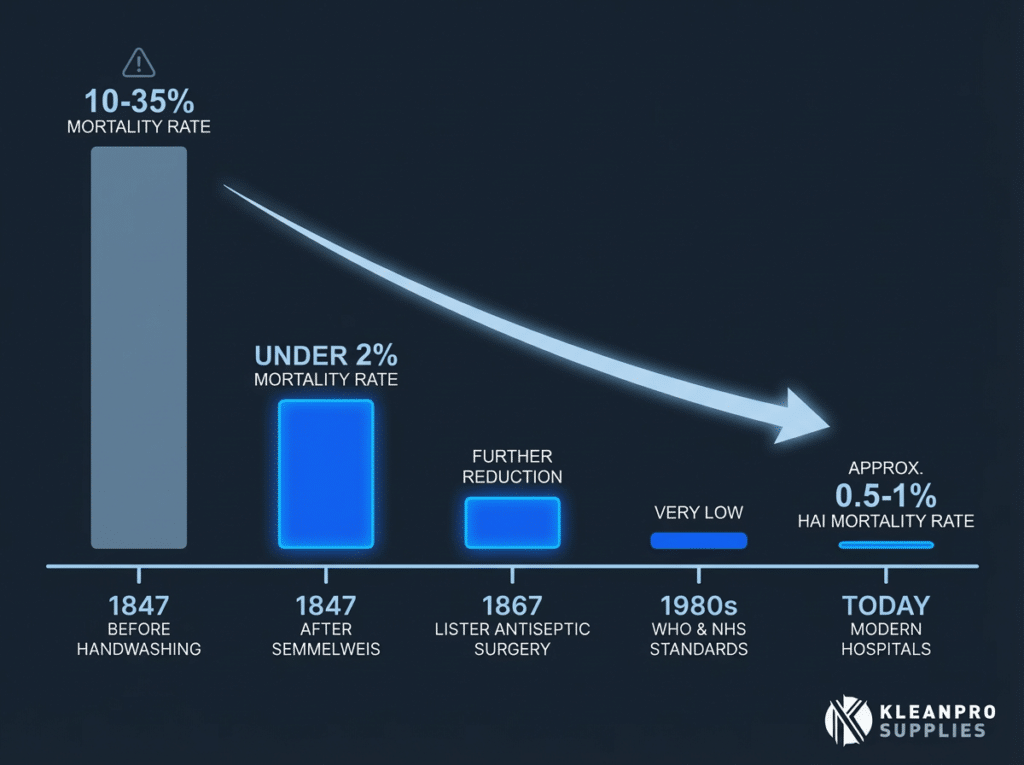 Bar chart infographic showing the dramatic drop in mortality rates at Vienna General Hospital's First Obstetrical Clinic before and after Ignaz Semmelweis introduced handwashing in 1847, displayed in KleanPro Supplies brand colours with the KleanPro logo.